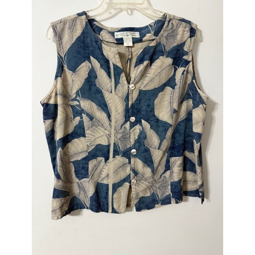 Pineapple Moon Women's Sleeveless V-neck Tropical Leaf print Silk Top-Size XXL